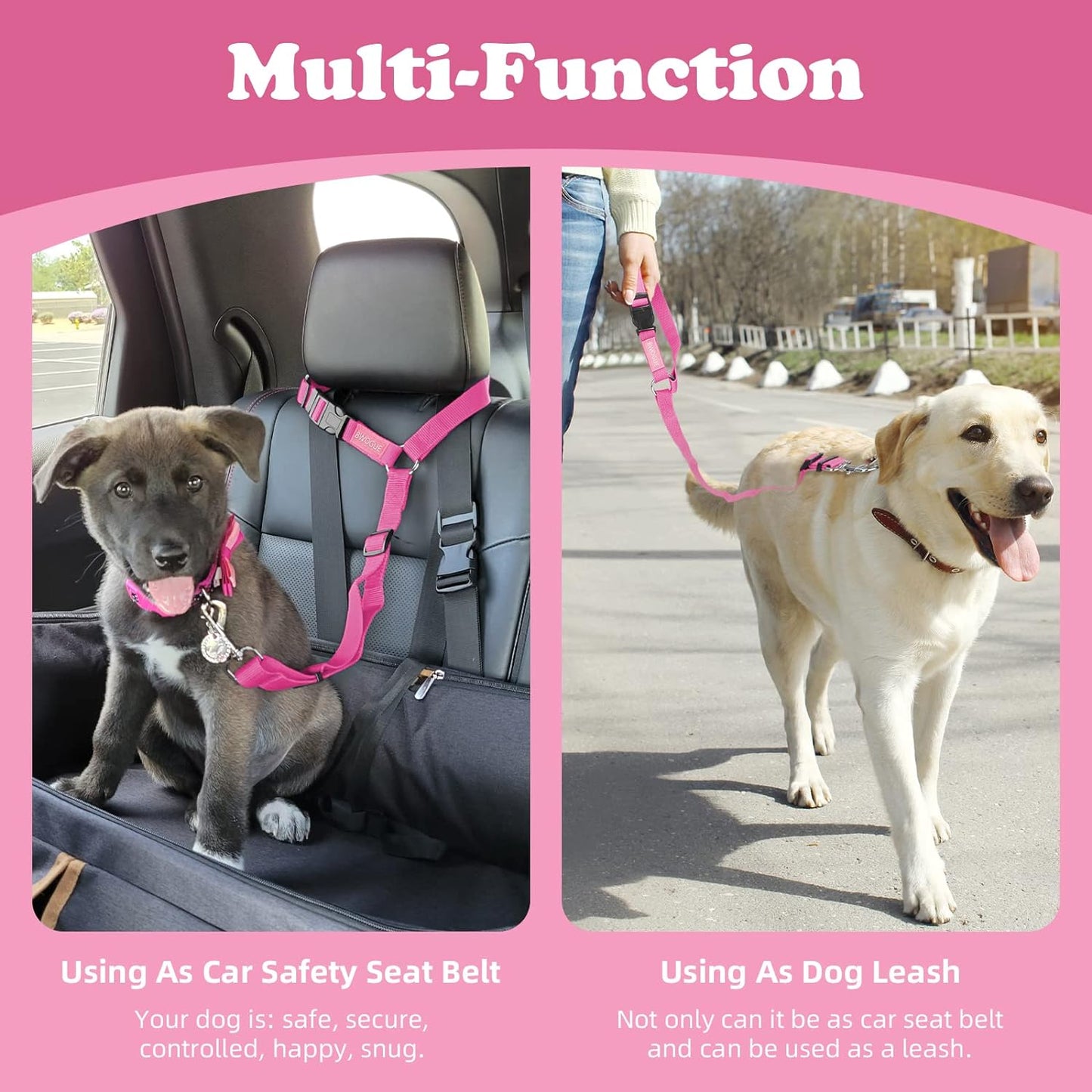 Pet Dog Cat Seat Belts, Car Headrest Restraint Adjustable Safety Leads Vehicle Seatbelt Harness (1 Pack, Pink, Not Elastic)
