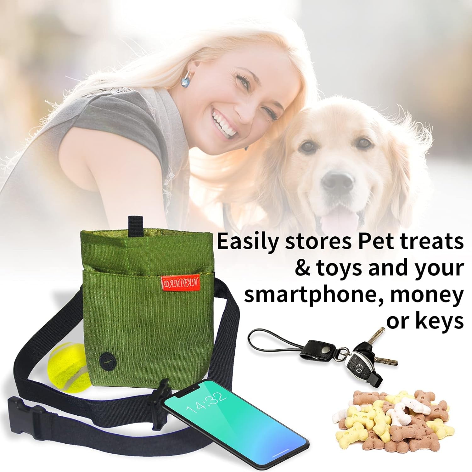 Pet Supplies Dog Treat Pouch with Adjustable Waist Belt，Large Capacity & Multi-Purpose Puppy Pouch Bag to Carry Dog Training Treats and Toys for Training,Walks and Outings (Green).