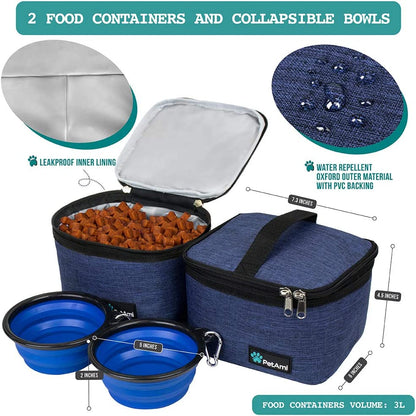 Dog Travel Bag, Travel Pet Bag Organizer, Dog Food Travel Bag with Container Collapsible Bowls, Pet Travel Supplies Gift Accessories for Weekend Camping, Puppy Cat Diaper Bag, Navy Blue Medium
