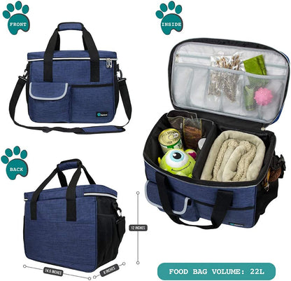 Dog Travel Bag, Travel Pet Bag Organizer, Dog Food Travel Bag with Container Collapsible Bowls, Pet Travel Supplies Gift Accessories for Weekend Camping, Puppy Cat Diaper Bag, Navy Blue Medium