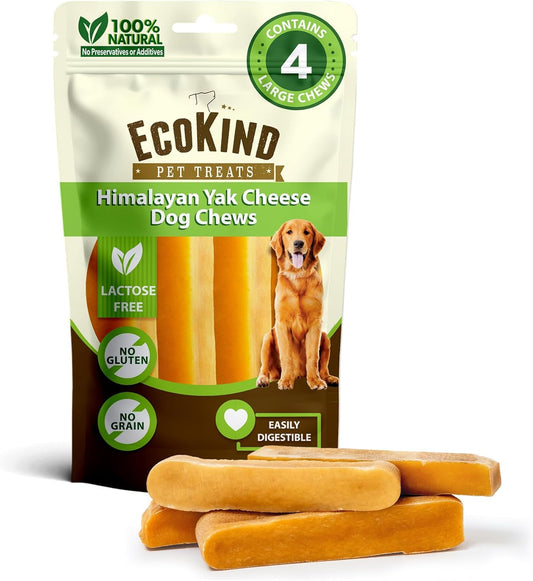 Ecokind Yak Cheese Himalayan Dog Chews, Yak Chews for Large Dogs, Long Lasting Bone for Aggressive Chewers, 3 Ingredients, Natural High Protein Treats, No Additives, Lactose Free, Large - 4 Chews