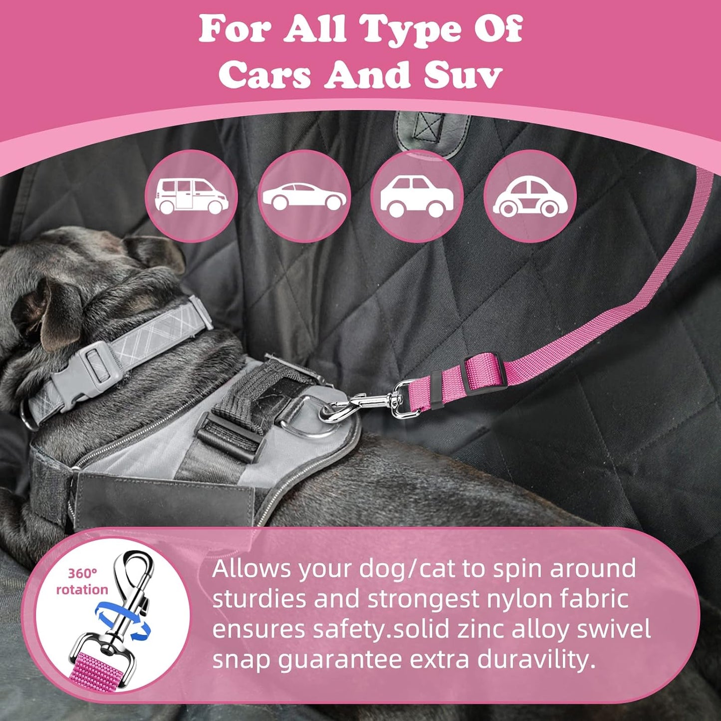 Pet Dog Cat Seat Belts, Car Headrest Restraint Adjustable Safety Leads Vehicle Seatbelt Harness (1 Pack, Pink, Not Elastic)